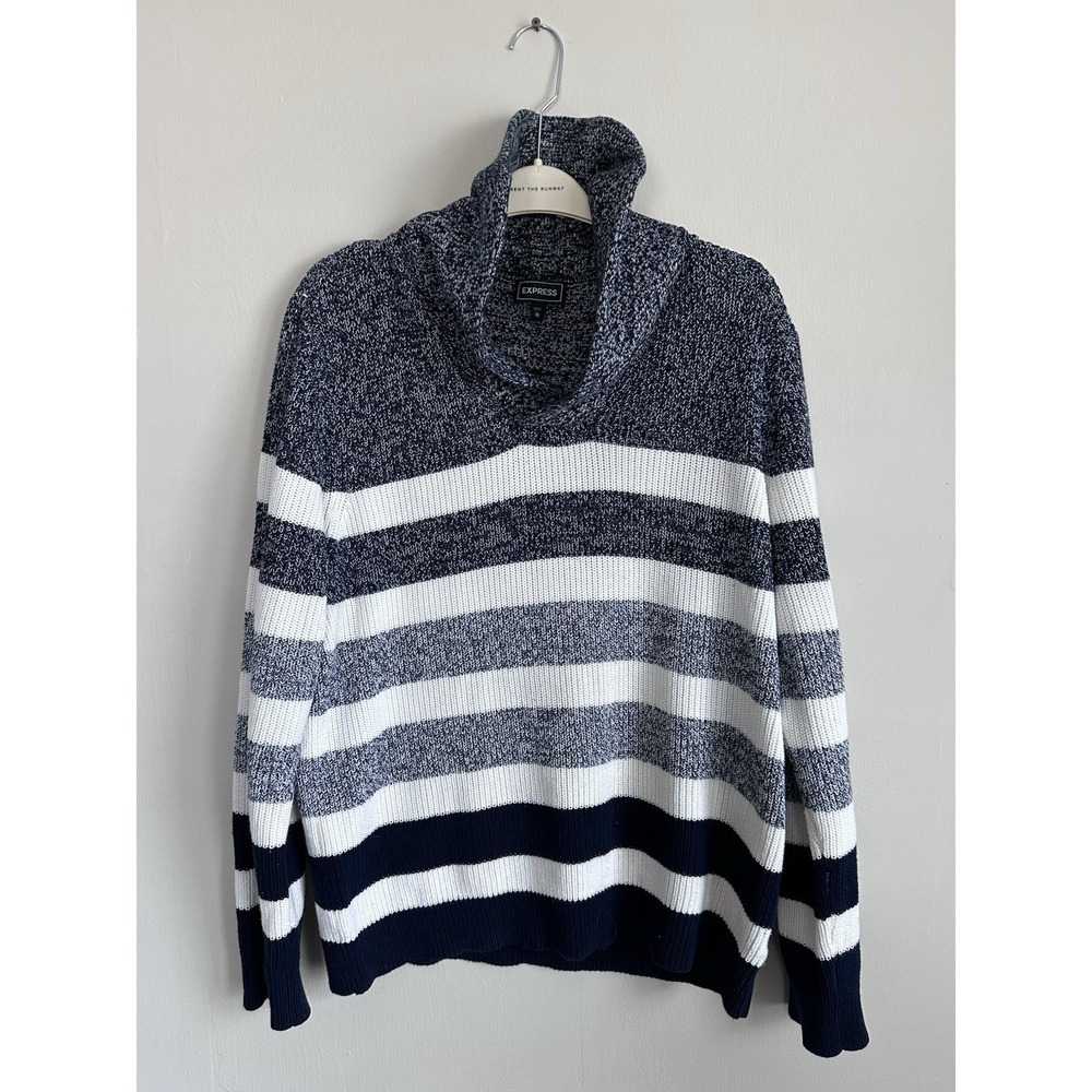 Express Mens 100% Cotton Pullover Blue Colorblock‎ Shawl Collar Sweater Grandpa